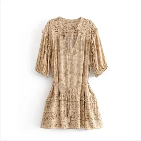 New Boho Print Tunic Cotton Summer Dress Tan - Picture 8 of 15